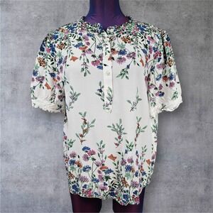 Talbots Petite XL Falling Floral Popover Blouse Ruffle Neck Short Puff Sleeve